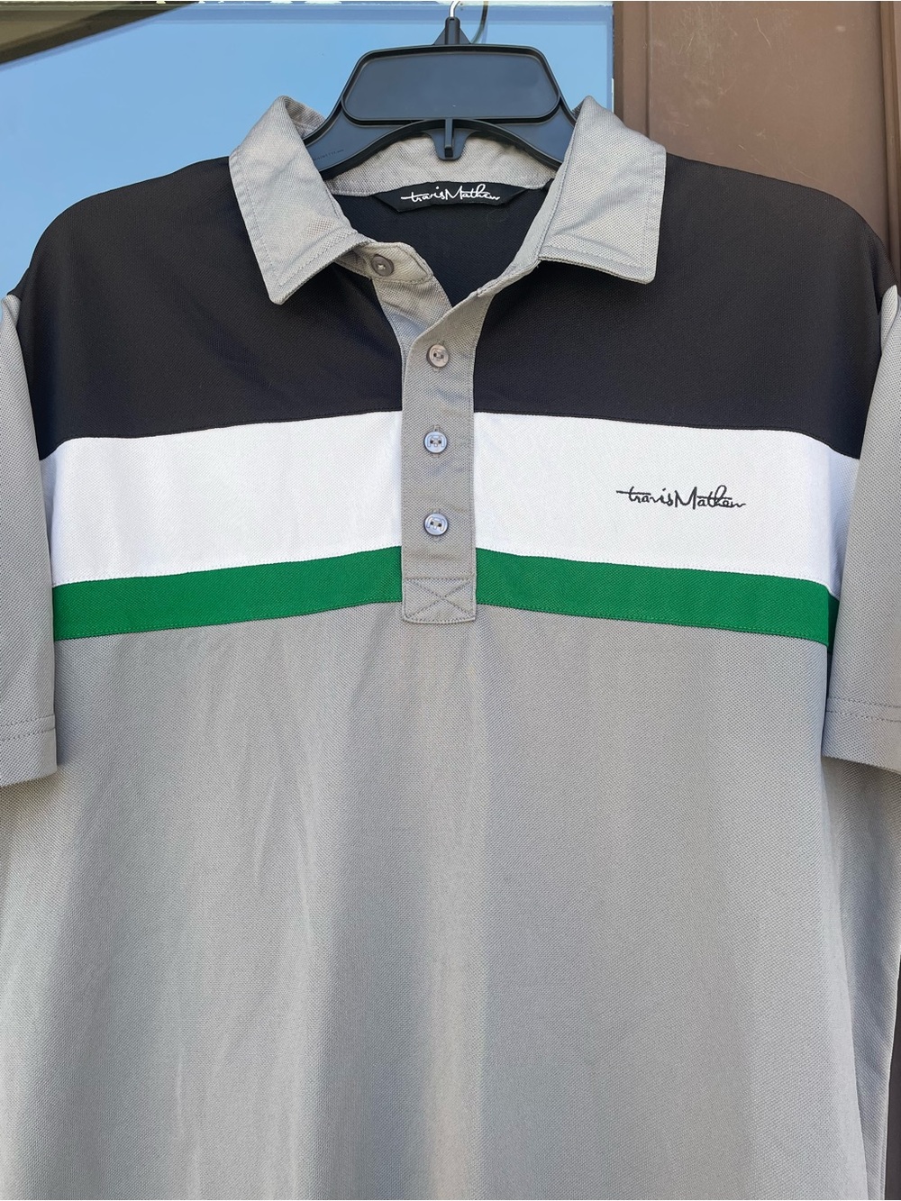 Travis Mathew Grey with Black/White/Green Block Bands Golf Polo L